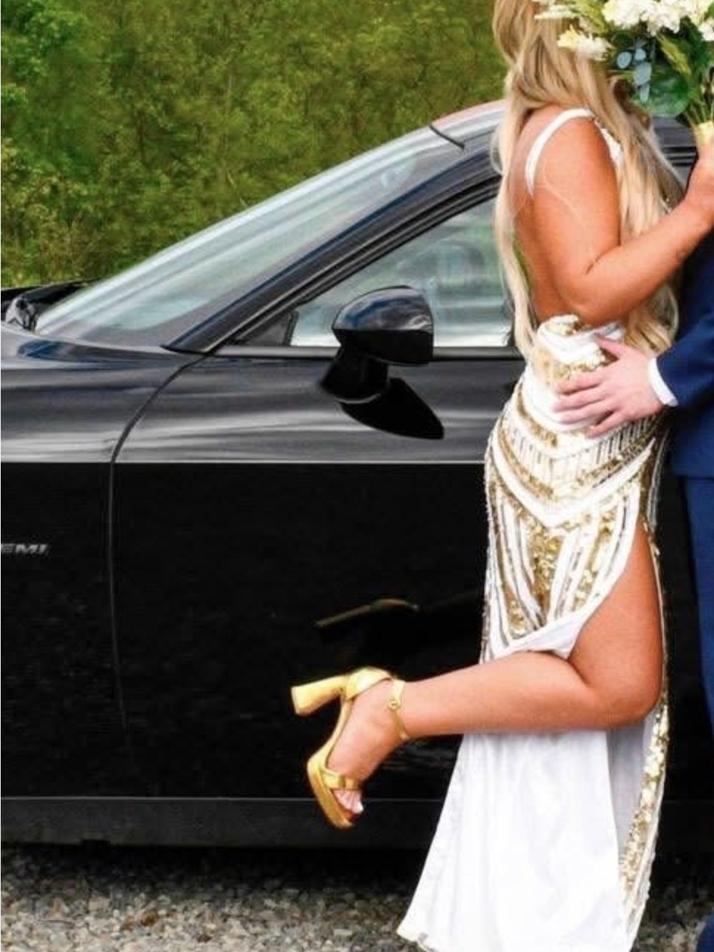 Sherri Hill Gold and White Sequin Prom Gown with Front Slit - Picture 2 of 2